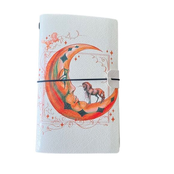 Orange Moon with Unicorn Magical Faux Leather Reusable Travelers Notebook 8x4.5” - Picture 1 of 8